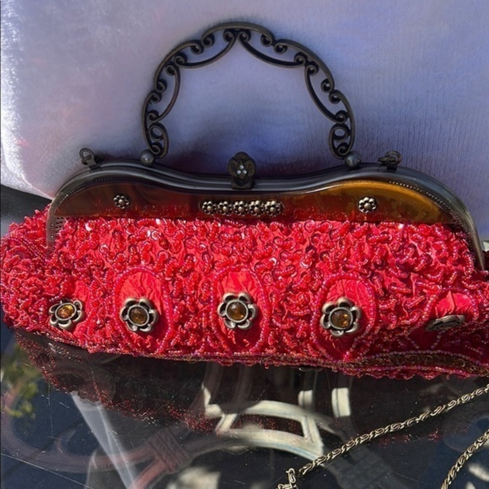 Vintage Inspired Red Beaded Clutch/ shoulder/ Crossbody Antique Brass Accents